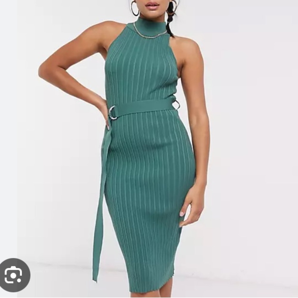 💙4th +Reckless High Neck Belted Ribbed MIdi Dress